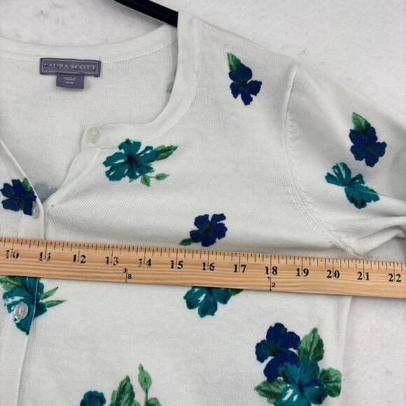 Laura Scott Cardigan Sweater Size M Blue Green Floral Button Up Stretch Knit - Picture 8 of 11